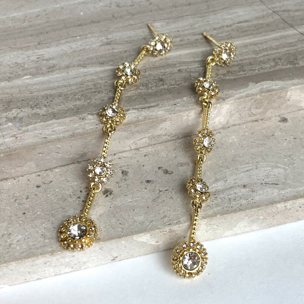 NEW~ Anthropologie Graduated Long Crystal Drop Gold Earrings - Picture 4 of 11